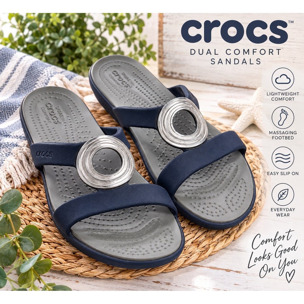 Crocs Sanrah Circle Sandals Navy Blue Silver Metallic Wedge Slides Womens 9